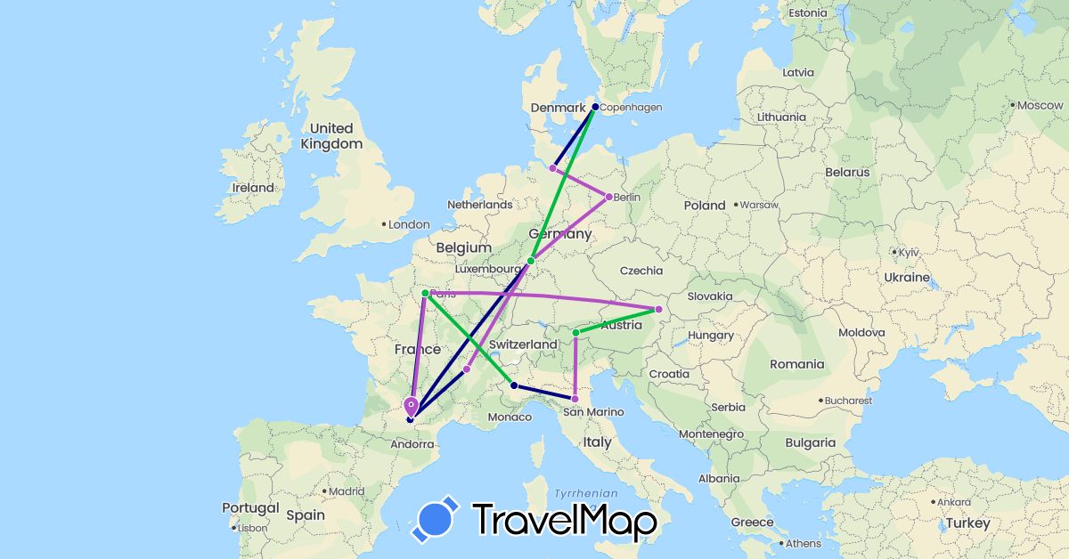 TravelMap itinerary: driving, bus, train in Austria, Germany, Denmark, France, Italy (Europe)