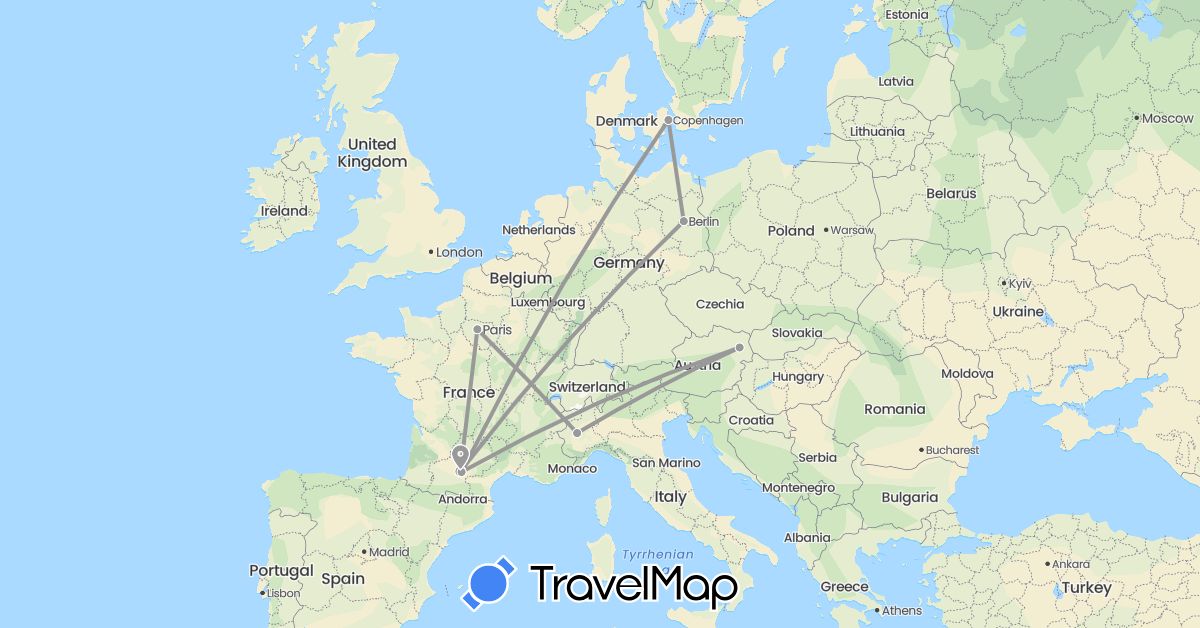 TravelMap itinerary: driving, plane in Austria, Germany, Denmark, France, Italy (Europe)